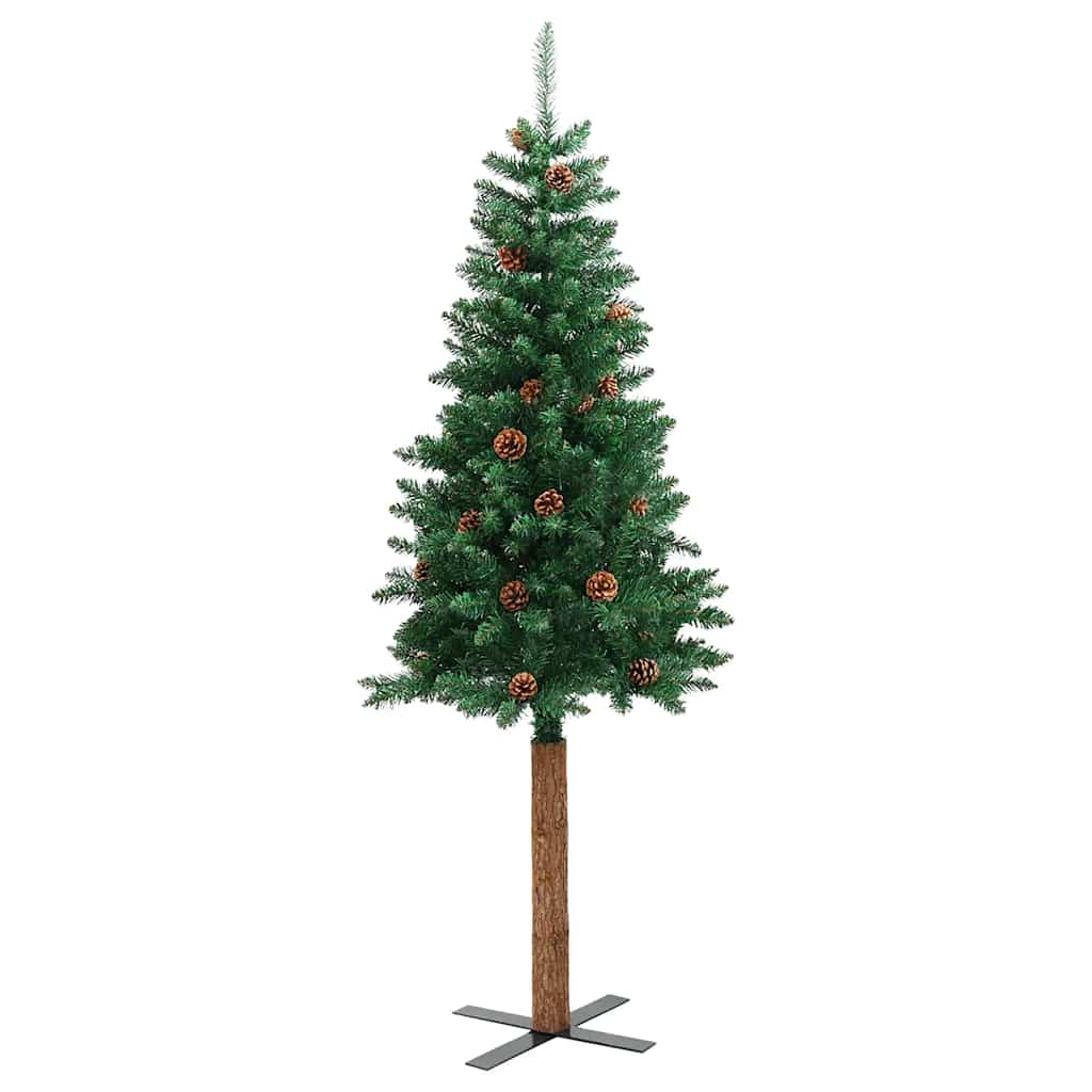 Kerstboom met echt hout en dennenappels smal 150 cm PVC groen