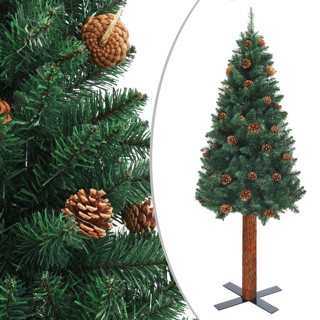 Kerstboom Met Echt Hout En Dennenappels Smal 80 Cm Pvc Groen 180 x 72 cm Met dennenappels