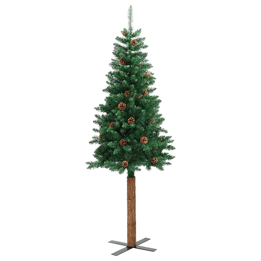 Kerstboom met echt hout en dennenappels smal 180 cm PVC groen