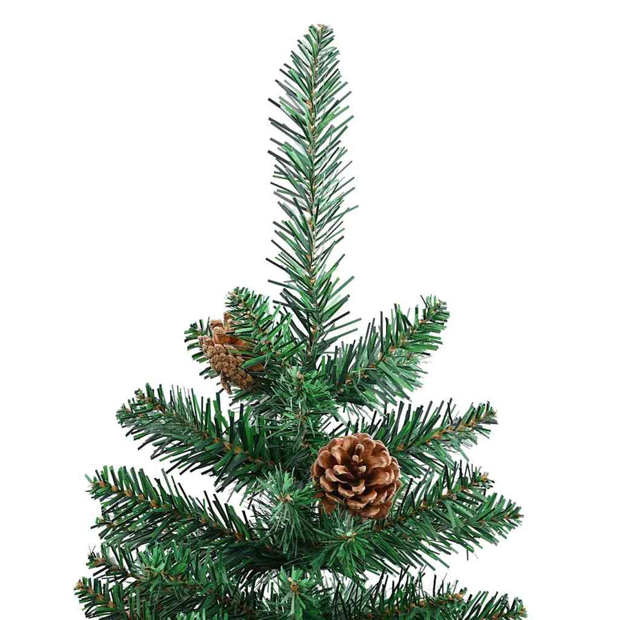 Kerstboom met echt hout en dennenappels smal 210 cm PVC groen