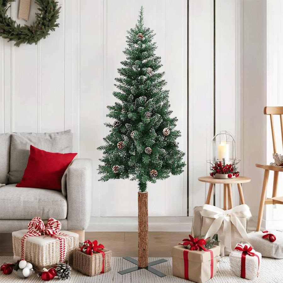 Kerstboom met echt hout en sneeuw smal 150 cm groen