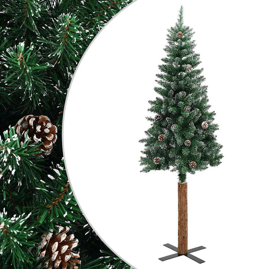 Kerstboom met echt hout en sneeuw smal 180 cm groen