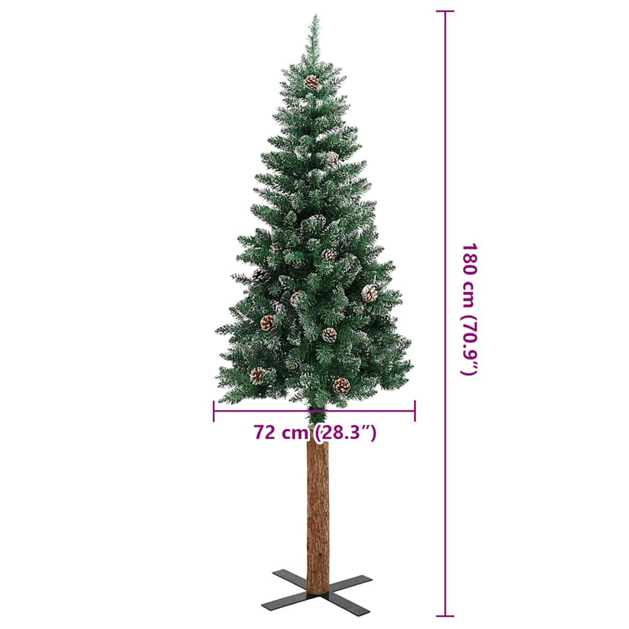 Kerstboom met echt hout en sneeuw smal 180 cm groen
