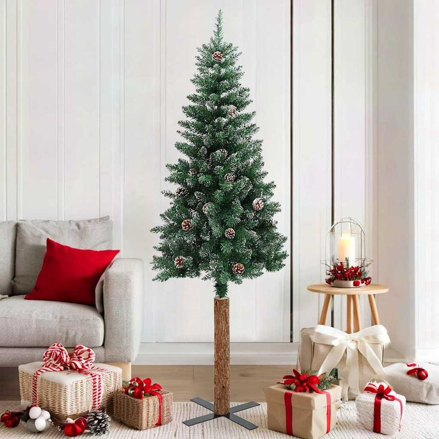 Kerstboom met echt hout en sneeuw smal 180 cm groen
