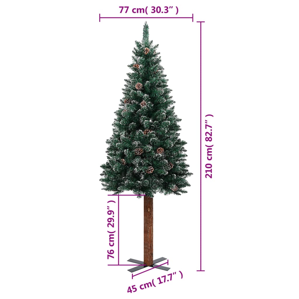 Kerstboom Met Echt Hout En Sneeuw Smal 20 Cm Groen 210 x 77 cm Met witte sneeuw