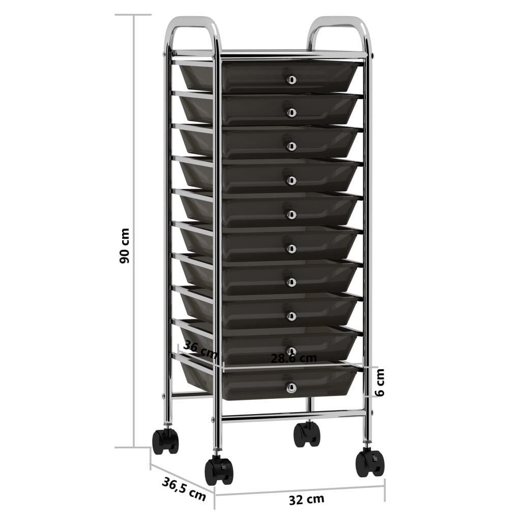 Opbergtrolley met 10 lades mobiel kunststof zwart 10 Zwart