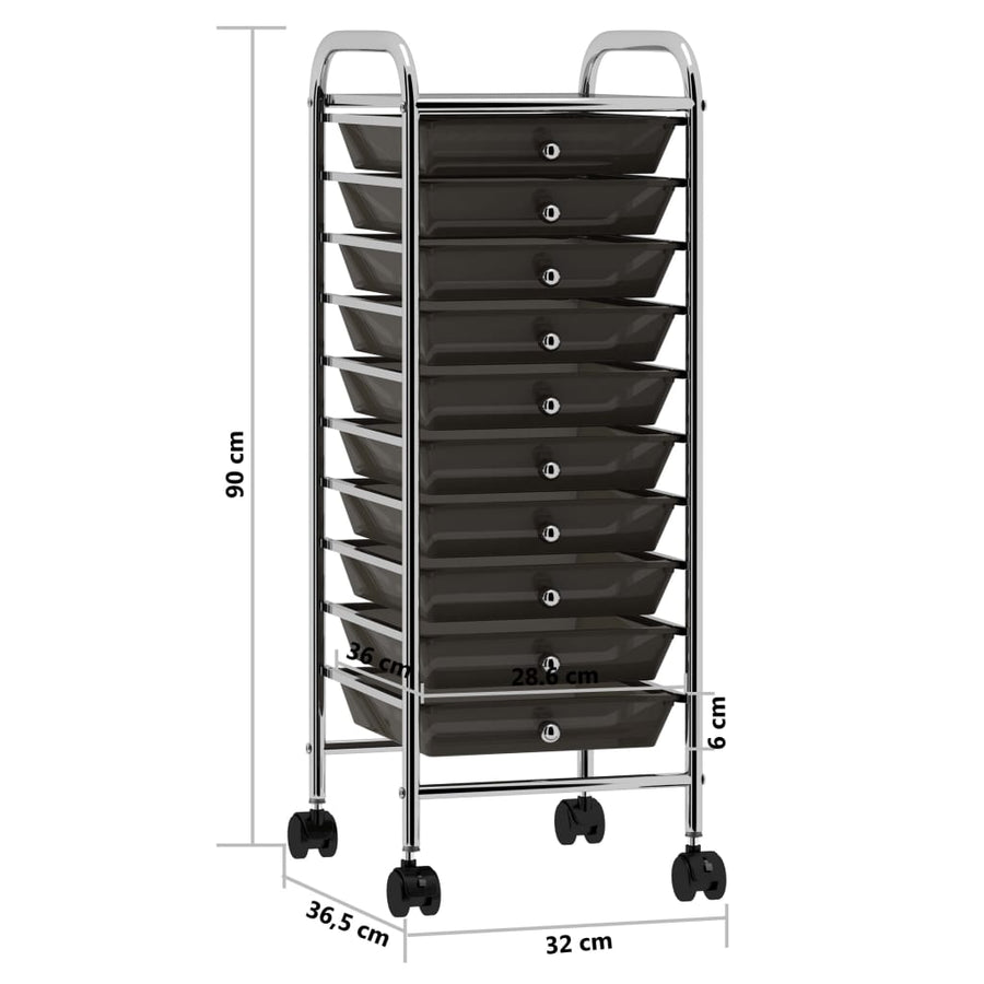 Opbergtrolley met 10 lades mobiel kunststof zwart 10 Zwart