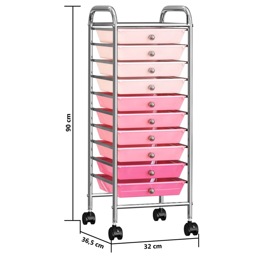 Opbergtrolley met 10 lades mobiel kunststof ombre roze Roze