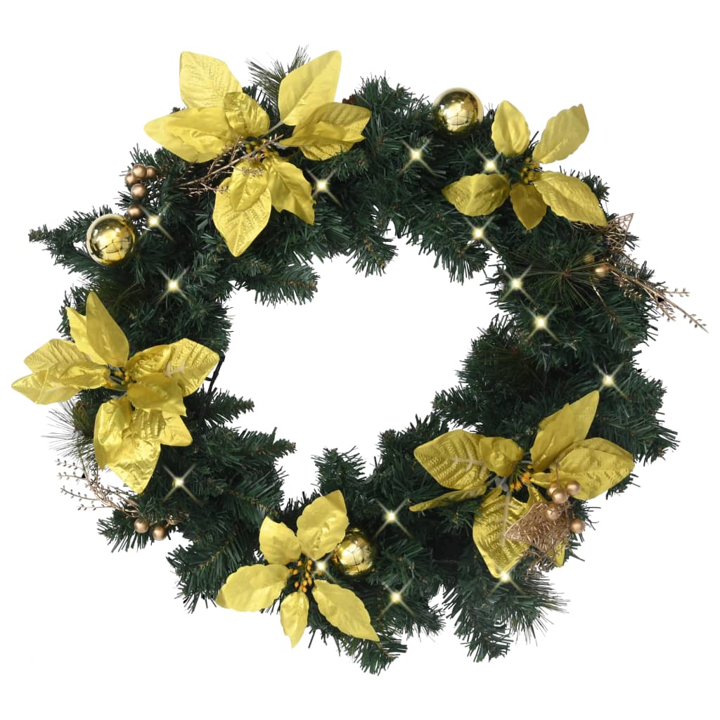 Kerstkrans Met Led Lampjes 60 Cm Pvc Groen Groen & goudkleurig