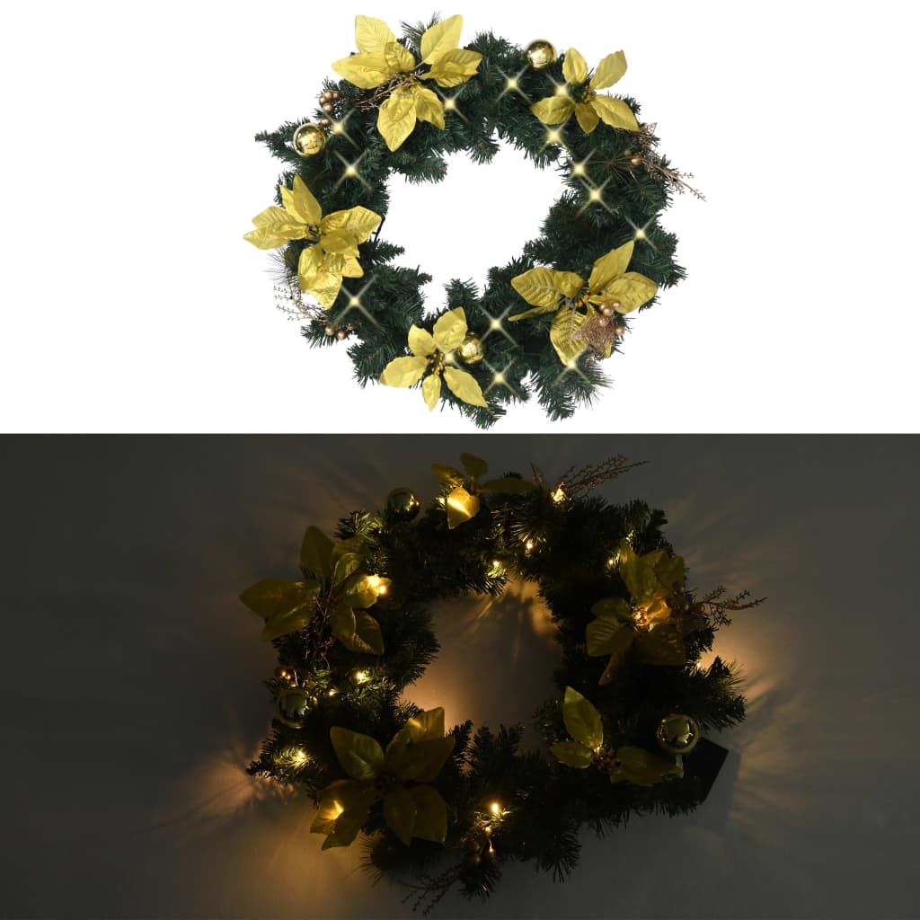 Kerstkrans Met Led Lampjes 60 Cm Pvc Groen Groen & goudkleurig