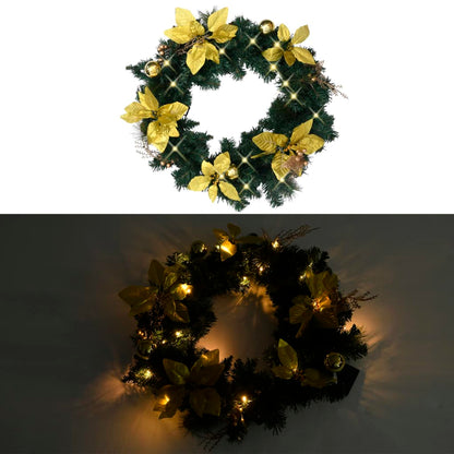 Kerstkrans Met Led Lampjes 60 Cm Pvc Groen Groen & goudkleurig