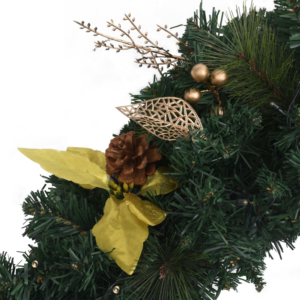 Kerstkrans Met Led Lampjes 60 Cm Pvc Groen Groen & goudkleurig