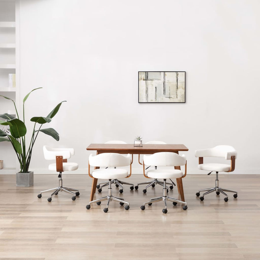 Eetkamerstoelen draaibaar 6 st gebogen hout en kunstleer wit