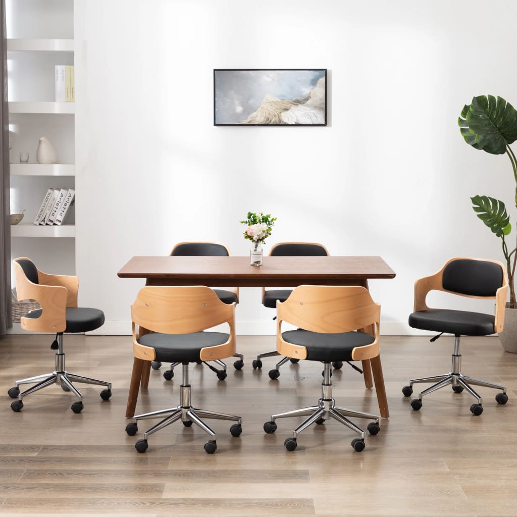 Eetkamerstoelen draaibaar 6 st gebogen hout en kunstleer zwart