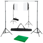 Photo studio set with softbox lights and background