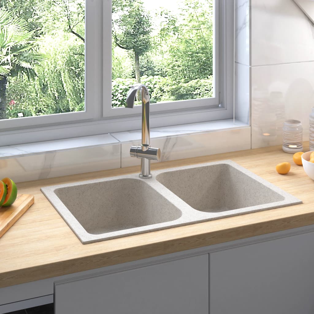 Gootsteen Dubbele Bakken Met Overloopgat Graniet Beige