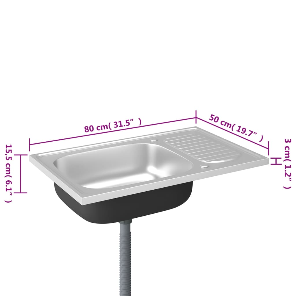 Gootsteen Met Afvoerset Roestvrij Staal Zilver 800 x 500 x 155 mm