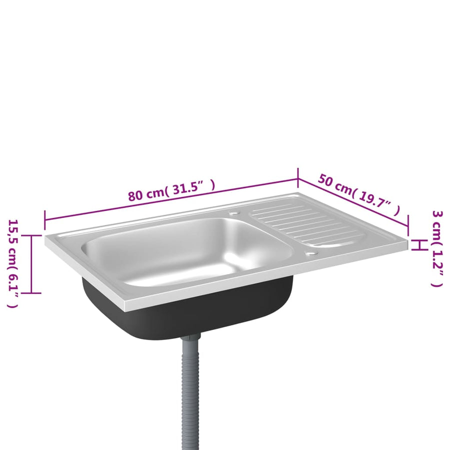Gootsteen Met Afvoerset Roestvrij Staal Zilver 800 x 500 x 155 mm