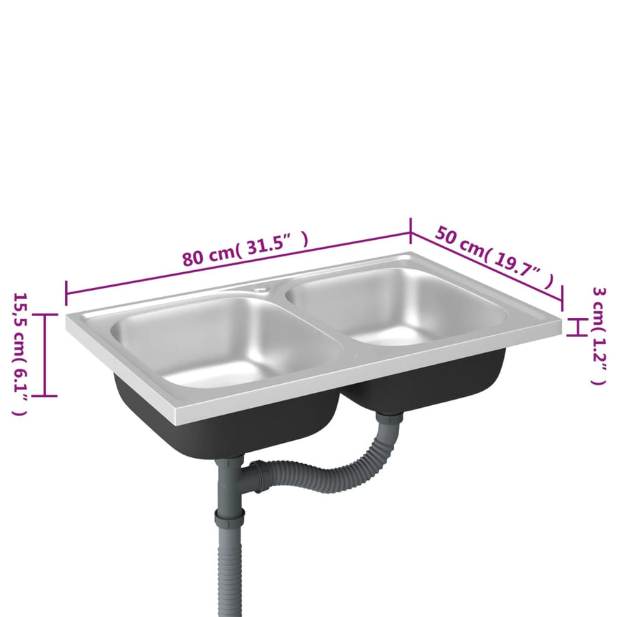 Gootsteen Dubbele Bakken 800X500X155 Mm Roestvrij Staal Zilver