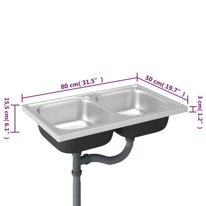 Gootsteen Dubbele Bakken Roestvrij Staal Zilver 800 x 500 x 155 mm