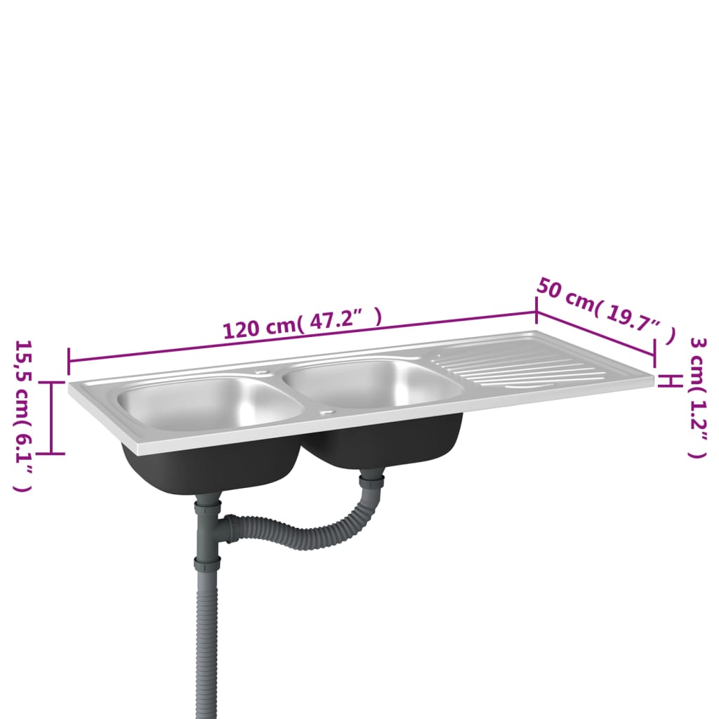 Gootsteen Dubbele Bakken Roestvrij Staal Zilver 1200 x 500 x 155 mm