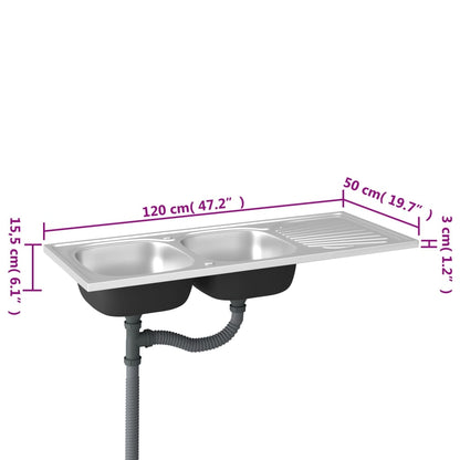 Gootsteen Dubbele Bakken Roestvrij Staal Zilver 1200 x 500 x 155 mm
