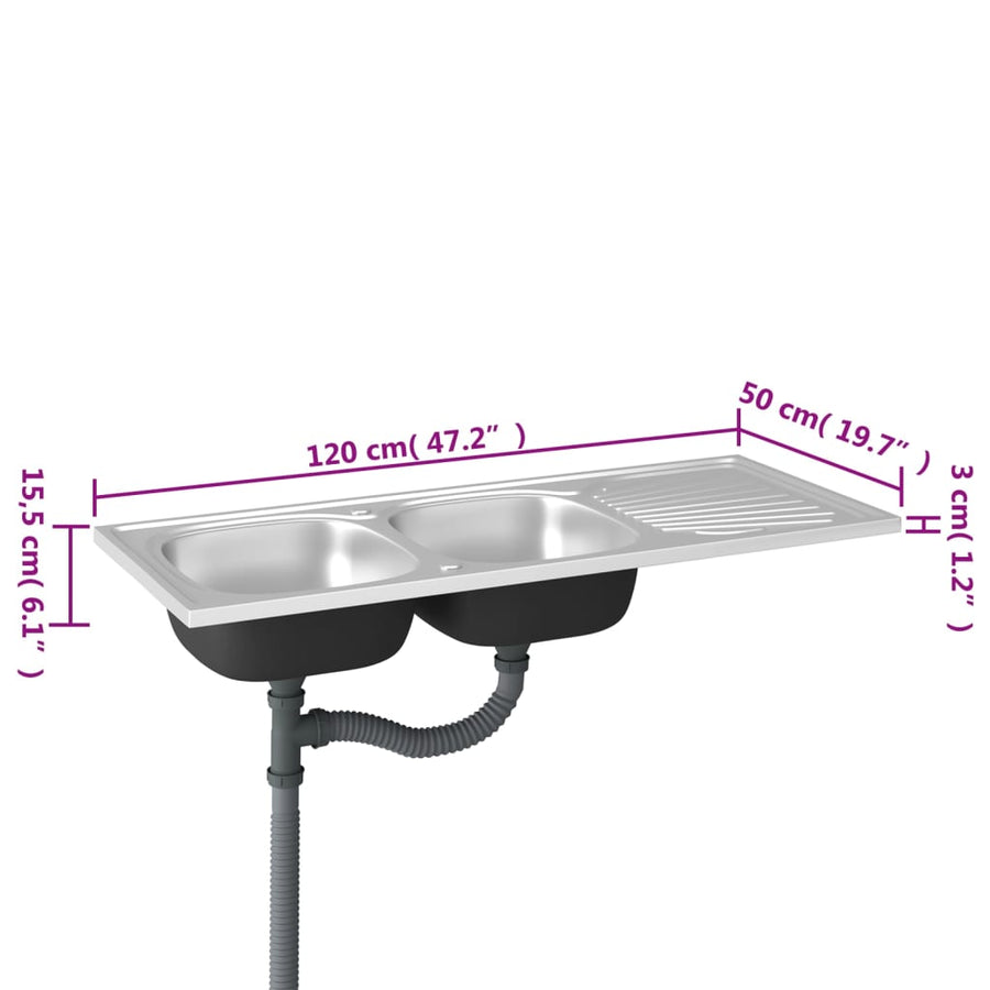 Gootsteen Dubbele Bakken Roestvrij Staal Zilver 1200 x 500 x 155 mm