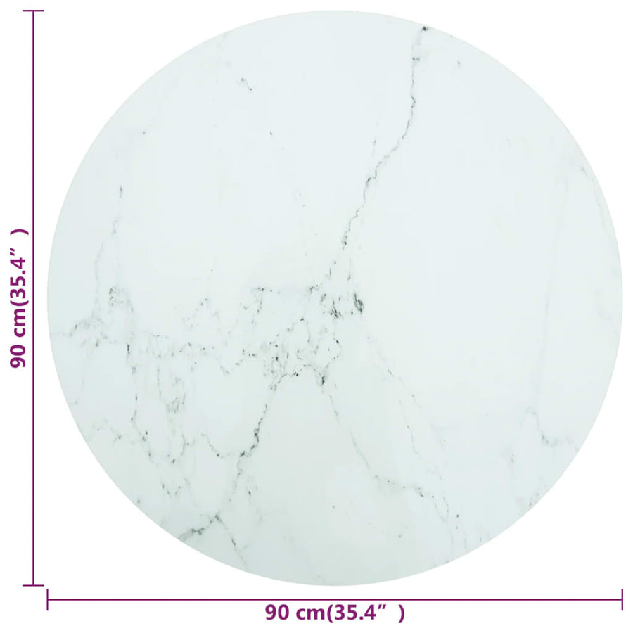 Tafelblad Ø90X1 Cm Gehard Glas Met Marmeren Design Wit Ø 90 cm