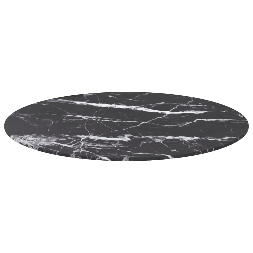 Tafelblad Ø70X0,8 Cm Gehard Glas Met Marmeren Design Zwart Ø 70 cm Zwart en wit