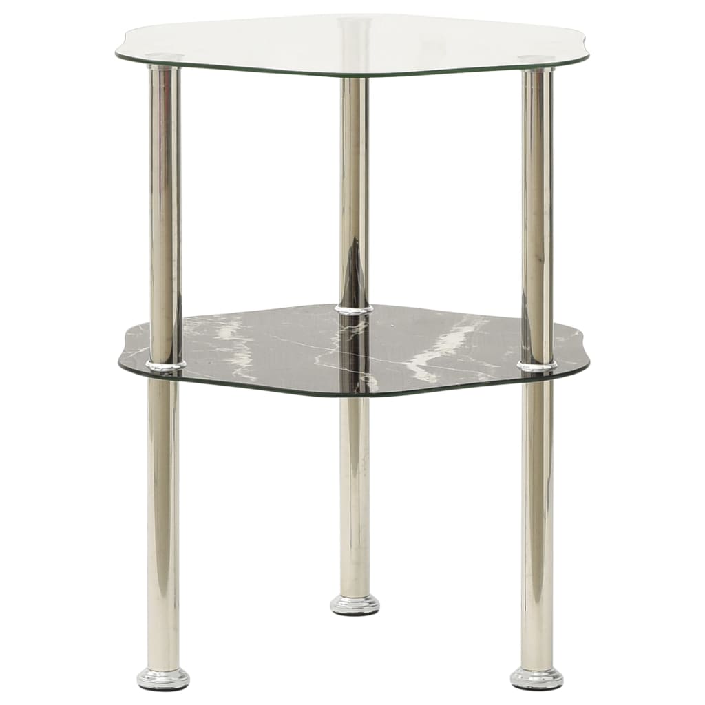 Bijzettafel 2-Laags 38X38X50 Cm Gehard Glas Transparant en zwart marmer Zeshoek