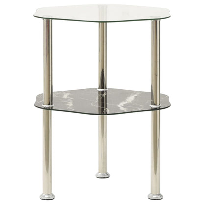 Bijzettafel 2-Laags 38X38X50 Cm Gehard Glas Transparant en zwart marmer Zeshoek