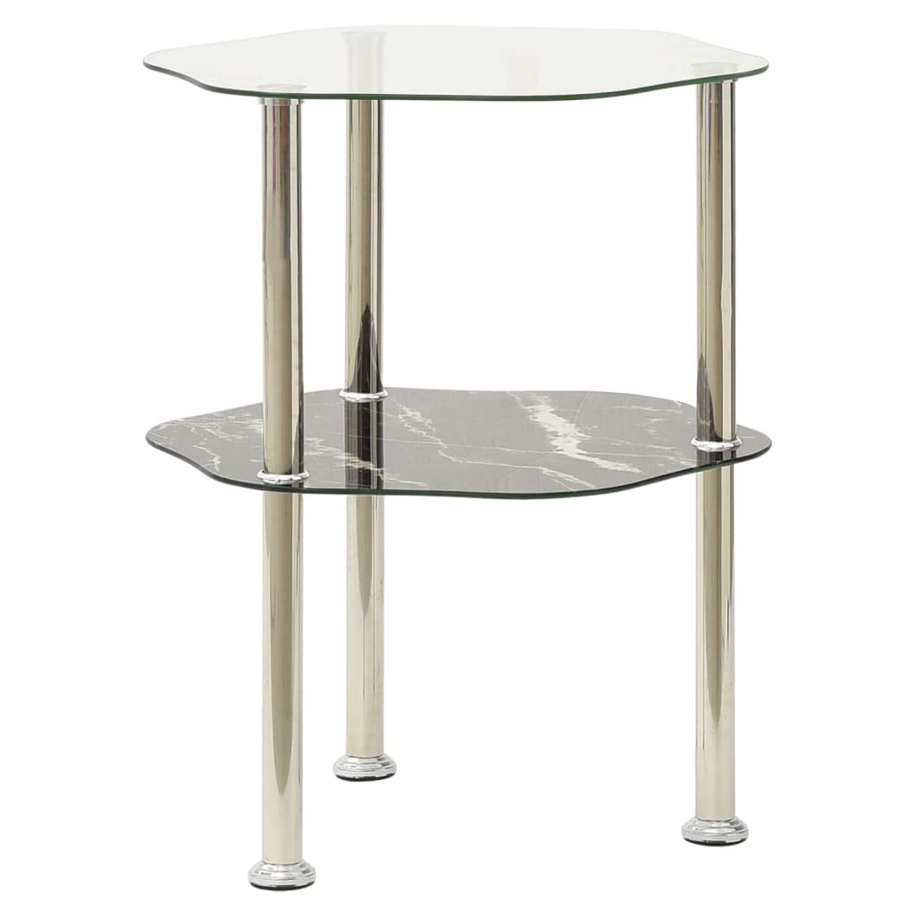Bijzettafel 2-Laags 38X38X50 Cm Gehard Glas Transparant en zwart marmer Zeshoek