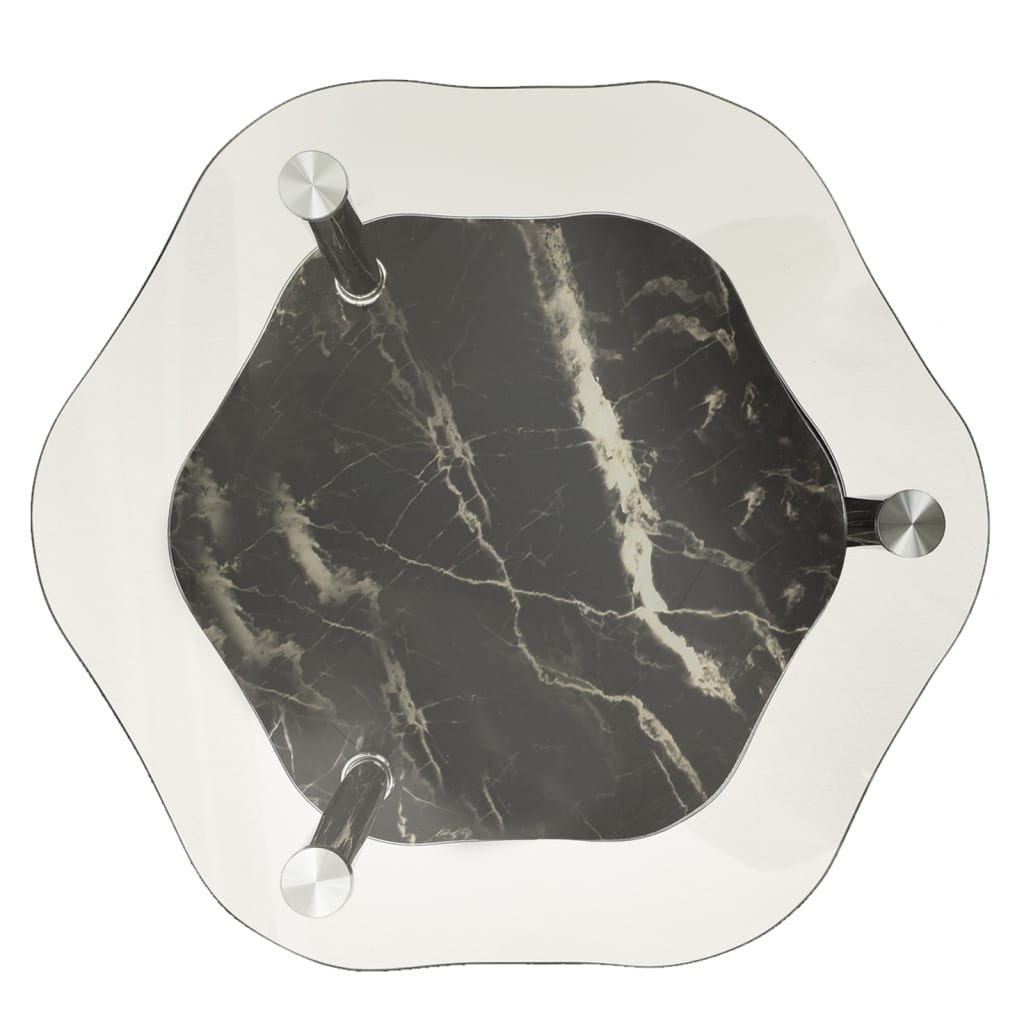 Bijzettafel 2-Laags 38X38X50 Cm Gehard Glas Transparant en zwart marmer Zeshoek