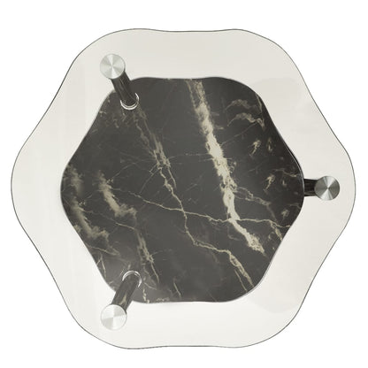 Bijzettafel 2-Laags 38X38X50 Cm Gehard Glas Transparant en zwart marmer Zeshoek