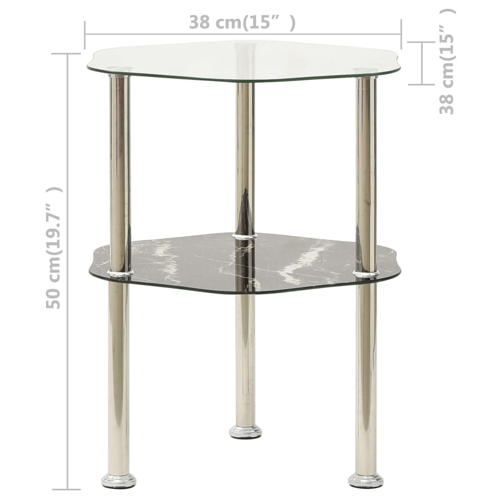 Bijzettafel 2-Laags 38X38X50 Cm Gehard Glas Transparant en zwart marmer Zeshoek