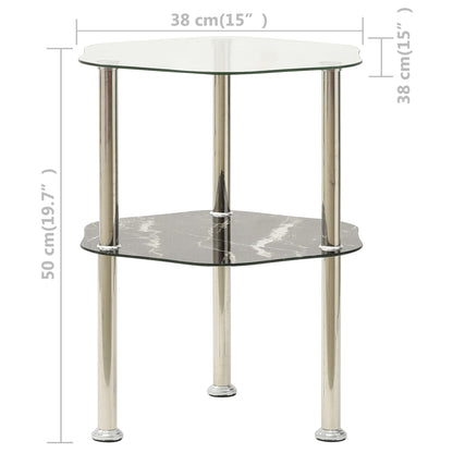 Bijzettafel 2-Laags 38X38X50 Cm Gehard Glas Transparant en zwart marmer Zeshoek