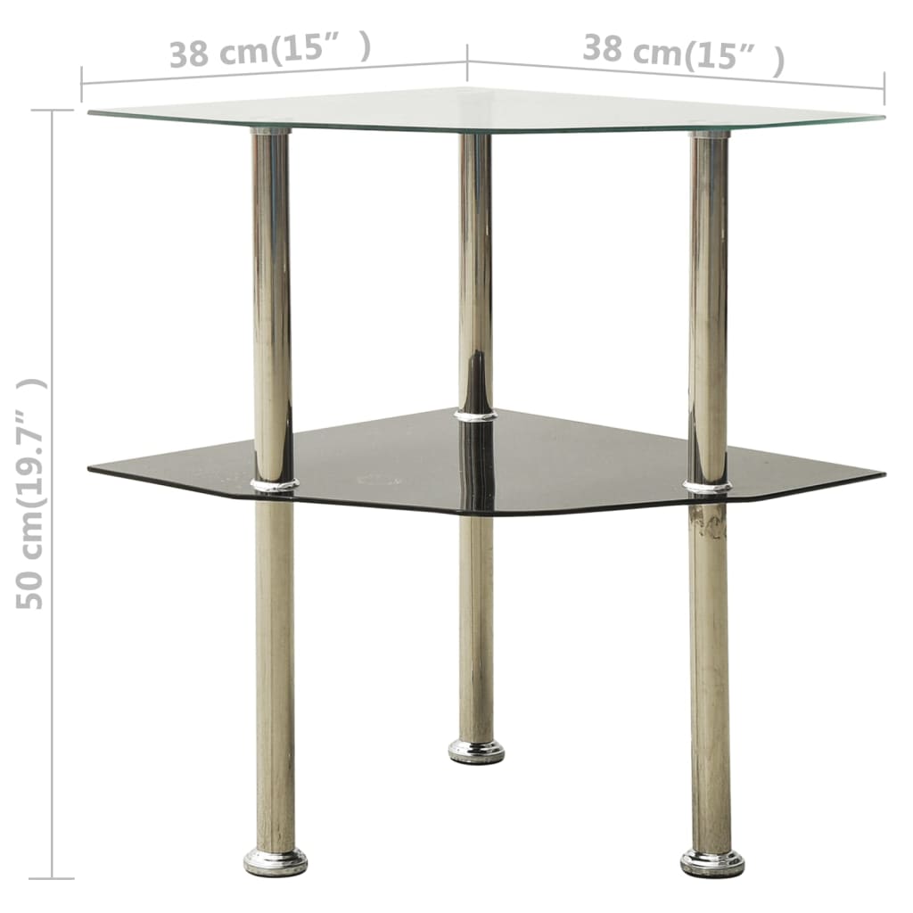 Bijzettafel 2-Laags 38X38X50 Cm Gehard Glas Transparant en zwart