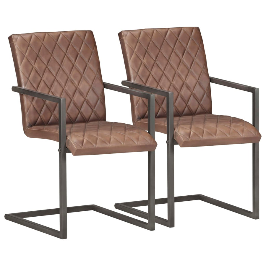 Eetkamerstoelen 2 st echt leer bruin 2 Donkerbruin Patroon 2