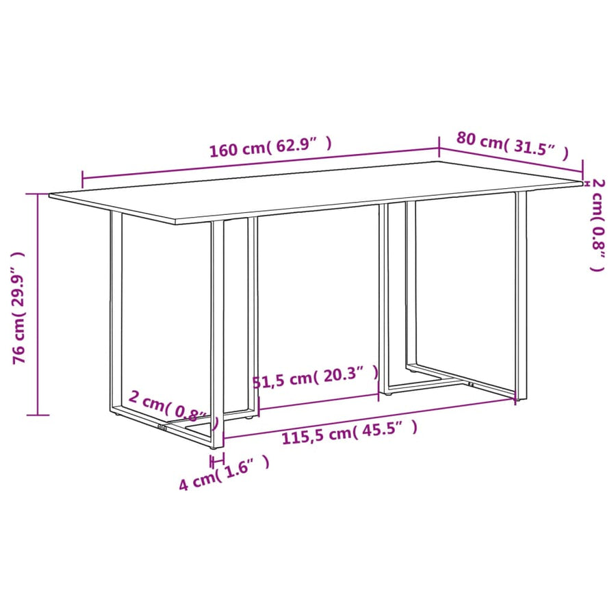 Eettafel 60 Cm 160 x 80 x 76 cm Ruw mangohout