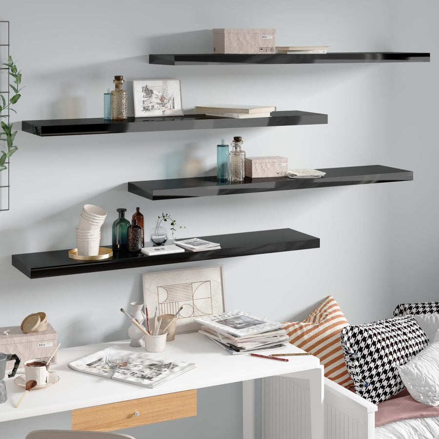 Wandschappen zwevend 4 st 120x23,5x3,8 cm MDF hoogglans zwart 4 120 x 23.5 x 3.8 cm