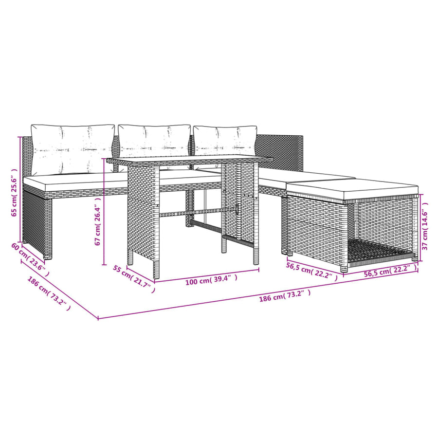 4-delige Tuinset met kussens poly rattan grijs