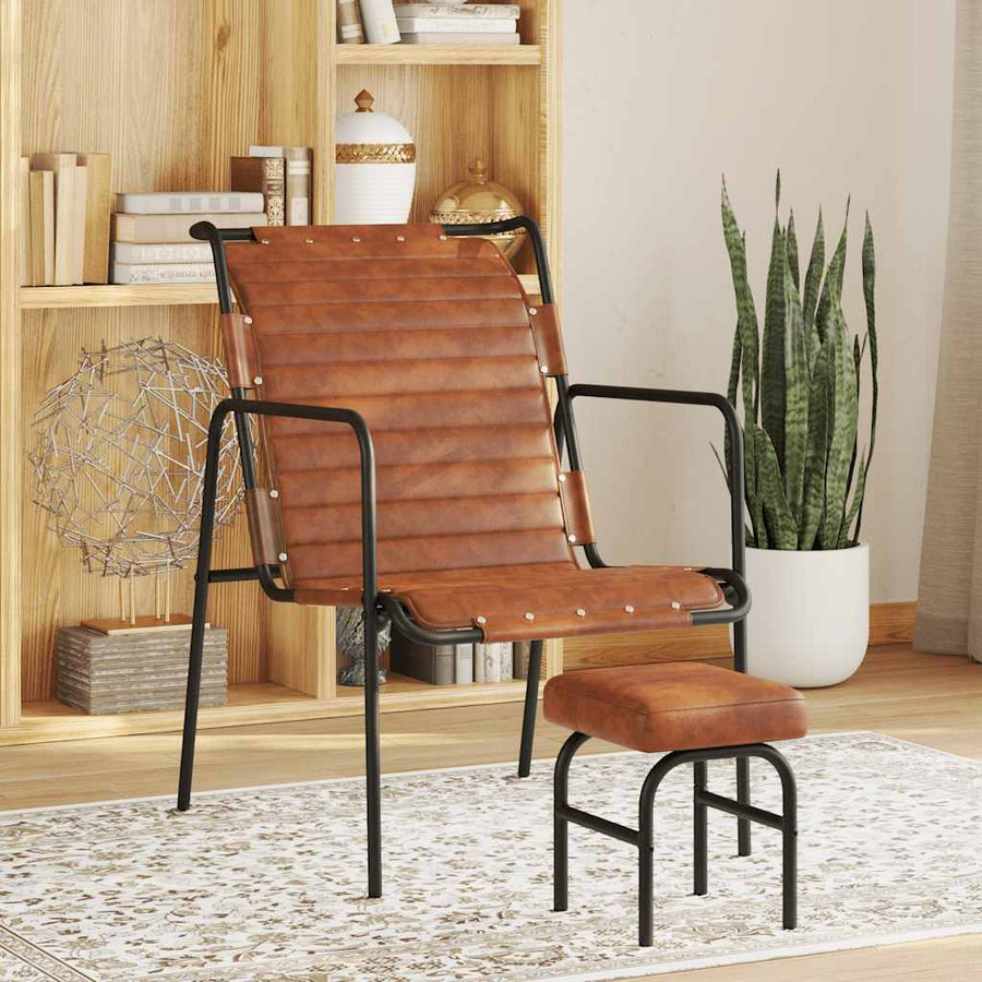 Relaxfauteuil met voetenbankje echt leer bruin