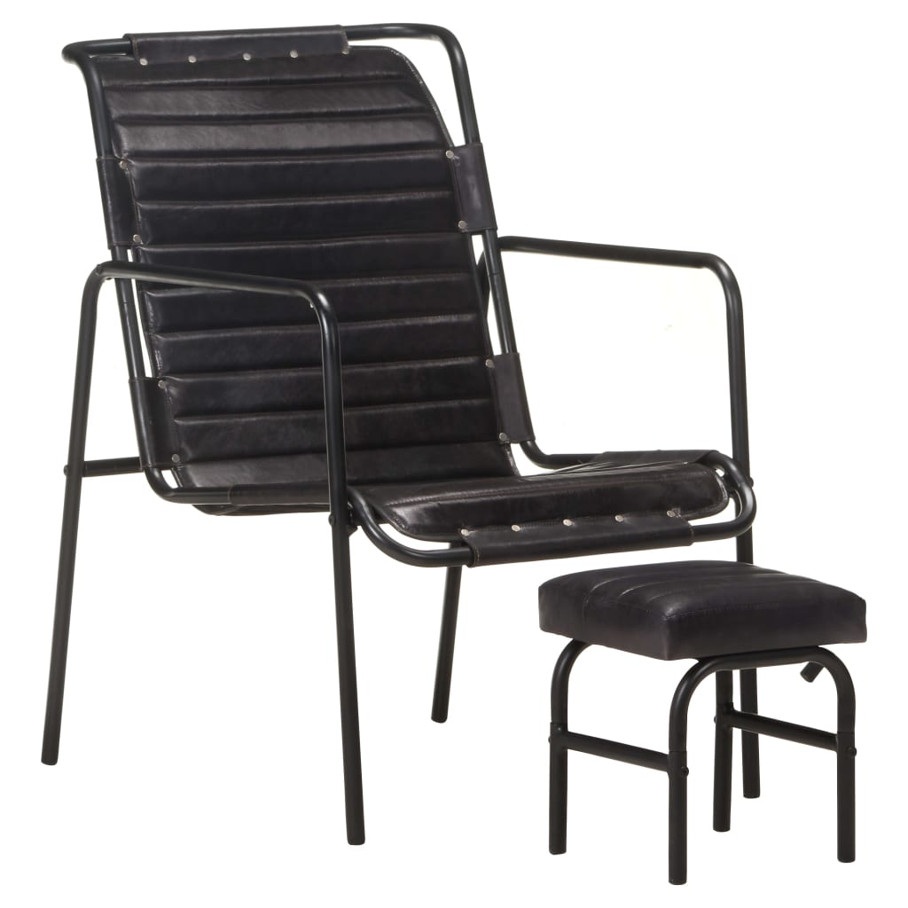 Relaxfauteuil Met Voetenbankje Echt Leer Zwart