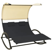 Double sun lounger with canopy, black and cream textilene