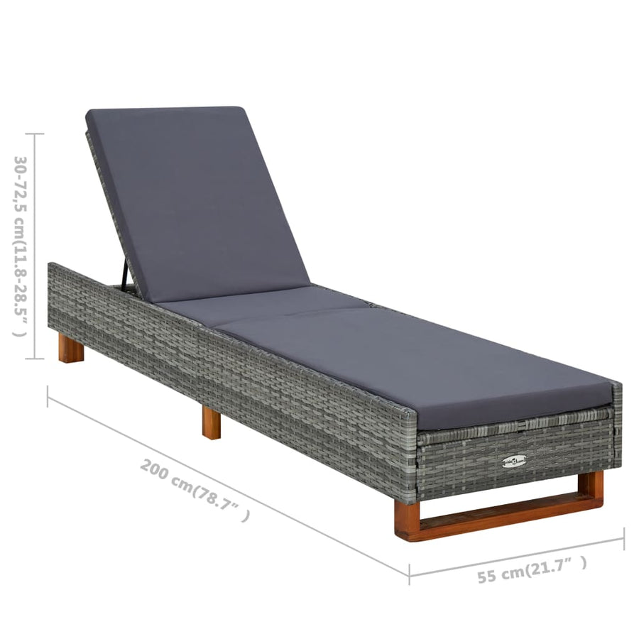 Ligbed met kussen poly rattan grijs