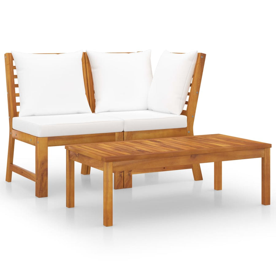 3-Delige Loungeset Met Kleurige Kussens Massief Acaciahout Crème Middenbank + hoekbank + salontafel