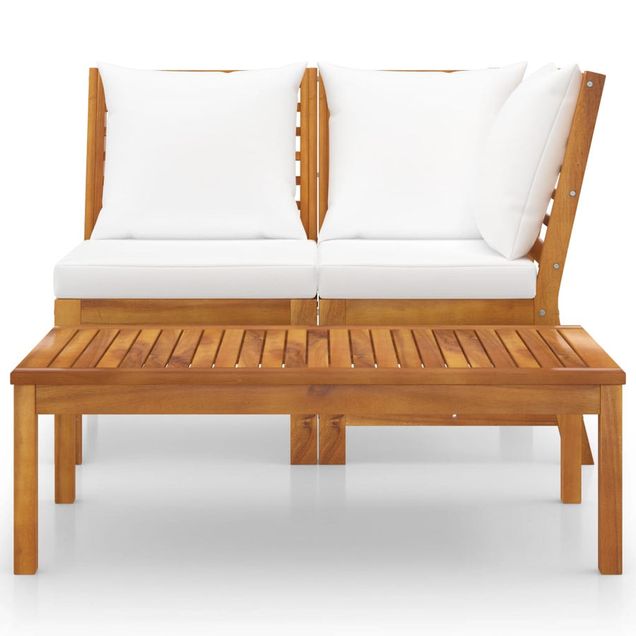 3-Delige Loungeset Met Kleurige Kussens Massief Acaciahout Crème Middenbank + hoekbank + salontafel