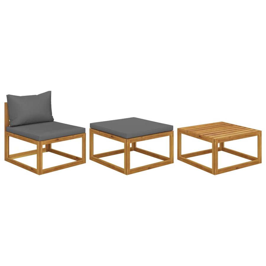 3-Delige Loungeset Met Kussens Massief Acaciahout Donkergrijs Middenbank + voetensteun + tafel