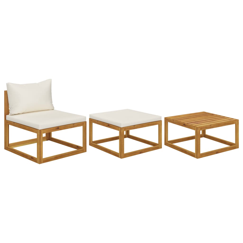 3-Delige Loungeset Met Kleurige Kussens Massief Acaciahout Crème Middenbank + voetensteun + tafel