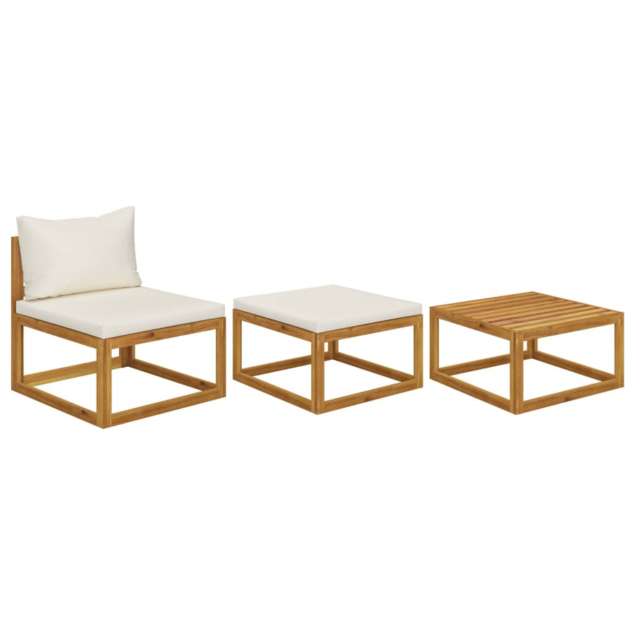 3-Delige Loungeset Met Kleurige Kussens Massief Acaciahout Crème Middenbank + voetensteun + tafel